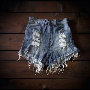 GJG Denim Aby High Rise Beach Fringe distressed denim frayed Boho Western Mini